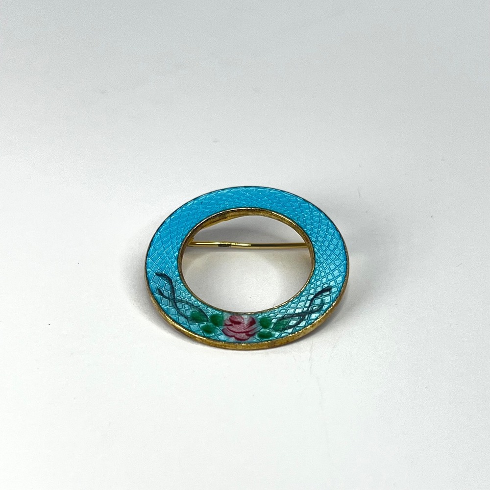 Vintage Guilloché Blue Pink Rose Circle Pin Midcentury Grandma Love‎ Gratitude